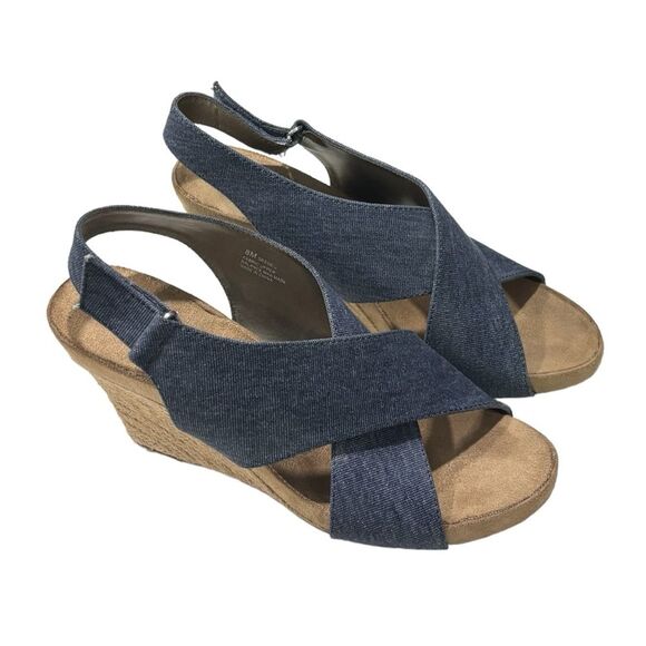 Aerosoles |  "Coco Plush" Women’s Denim Blue Wedge Weave Sandals - Picture 1 of 10